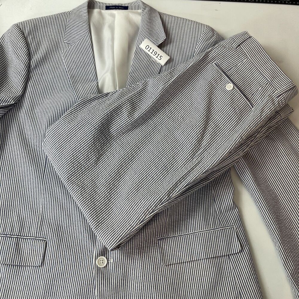 Alan Flusser Seersucker Suit Mens 42L Blue White Cotton Stretch Southern Comfort